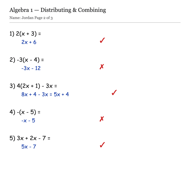 Graded algebra worksheet, page 2